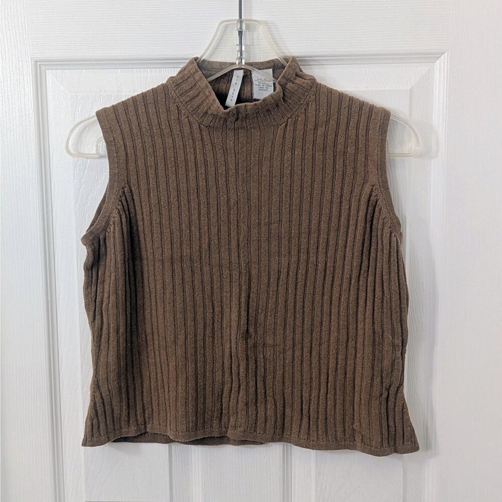 Via Seta Silk-Cashmere Ribbed Sleeveless Mock Neck Top – Brown – Size M